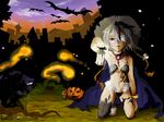  bandages bat ghost gray_hair halloween hat jack-o&#039;-lantern kneeling lantern pumpkin red_eyes tagme witch_hat 