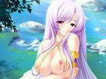  armlet breast_hold erect_nipples halterneck leaves nipples one_breast_out oppai purple_eyes purple_hair river rock see_through smile traditional_clothes tunic water 