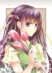  dress flower flowers girl hair_ribbon long_hair purple_eyes purple_hair smile yuka_(mischief) 