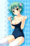  breasts frown green_hair hair_ornament hands highres large_breasts muririn nipples noble_works one-piece_swimsuit school_swimsuit sitting solo source_request swimsuit swimsuit_pull thighhighs tsukiyama_sena undressing white_legwear yokozuwari 