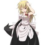  armpits bad_id bad_pixiv_id black_dress blonde_hair blush bow braid dress dress_shirt hair_bow hand_on_own_head hat hat_removed headwear_removed holding holding_hat kirisame_marisa one_eye_closed open_mouth s-syogo shirt solo tears torn_clothes touhou witch_hat yellow_eyes 