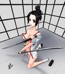  black_hair breasts brown_eyes geisha katana kneeling large_breasts lips makeup open_mouth oppai original pantsu shitapai socks sword weapon 