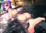 absurdres ass back barefoot bath blue_eyes blush feet from_behind hair_bun highres kantoku looking_back nude onsen original partially_submerged pov_feet purple_hair scan soles toes water wet 