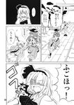  anger_vein animal_ears blood bow bowtie bunny_ears chain collar comic doujinshi dress flower food fruit ghost greyscale hair_bow hairband hat highres hinanawi_tenshi hoshino_souichirou konpaku_youmu konpaku_youmu_(ghost) leaf long_hair monochrome multiple_girls partially_translated peach reisen_udongein_inaba sheath skirt sword torii touhou translation_request weapon 