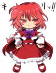  bad_id bad_pixiv_id blush bow braid cape chibi dress hachi_(8bit_canvas) hands_on_hips long_hair mary_janes okazaki_yumemi red_eyes red_hair shoes smile solo touhou touhou_(pc-98) 