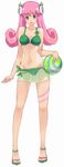  :d anklet artist_request ball bare_shoulders beachball copyright_request hair_ornament highres jewelry leaf_bikini legs long_hair navel open_mouth pink_hair purple_eyes sandals smile solo standing swimsuit 