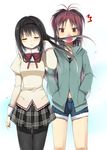  2girls akemi_homura black_hair black_legwear bubble_blowing chewing_gum closed_eyes hair_flip hood hoodie jing_hu long_hair mahou_shoujo_madoka_magica multiple_girls pantyhose ponytail red_eyes red_hair sakura_kyouko school_uniform shorts 