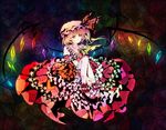  ankle_cuffs bad_id bad_pixiv_id blonde_hair dress eyelashes fang flandre_scarlet frills gathers glowing glowing_wings icc looking_at_viewer nail_polish pantyhose red_eyes short_hair side_ponytail sitting smirk solo stained_glass touhou white_legwear wings 