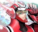  armor barnaby_brooks_jr blonde_hair green_eyes grin male_focus miogrobin power_armor power_suit smile solo superhero tiger_&amp;_bunny 