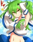  armpits arms_up blush breasts cleavage colored_eyelashes detached_sleeves frog green_hair hair_ornament hair_tubes hands_in_hair kochiya_sanae long_hair medium_breasts midriff navel roki_(hirokix) seductive_smile smile snake solo touhou upper_body yellow_eyes 