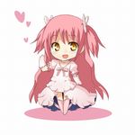  binsen boots bow chibi hair_bow kaname_madoka long_hair magical_girl mahou_shoujo_madoka_magica open_mouth pink_footwear pink_hair smile solo two_side_up ultimate_madoka yellow_eyes 