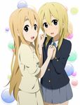  blonde_hair blue_eyes holding_hands igashiko k-on! kotobuki_tsumugi long_hair multiple_girls saitou_sumire school_uniform very_long_hair 