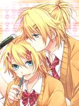  1girl blonde_hair blue_eyes bow bowtie brother_and_sister cardigan hair_ornament hairclip highres kagamine_len kagamine_rin necktie red_bow red_neckwear school_uniform short_hair siblings smile striped striped_bow striped_neckwear teito twins vocaloid 