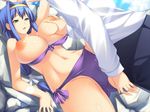  1girl aqua_eyes bikini blue_hair breast_grab breast_squeeze breasts breasts_outside cg game_cg grabbing hair_intakes huge_breasts long_hair nakade_shi_oni_-_mujintou_de_okashi_ai nipples outdoors outside swimsuit 