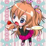  :o blue_eyes blush brown_hair chibi cupcake eyelashes food fruit full_body houjou_hibiki long_hair lovelabo lowres pants plate precure shirt skirt solo strawberry suite_precure two_side_up 