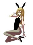  afuro_terumi animal_ears arm_up bad_id bad_pixiv_id banned_artist blonde_hair bunny_ears bunny_girl bunnysuit crossdressing fishnet_pantyhose fishnets full_body high_heels highres inazuma_eleven inazuma_eleven_(series) long_hair male_focus necktie otoko_no_ko pantyhose red_eyes s_tanly shoes simple_background solo wrist_cuffs 