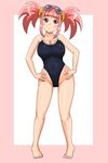  barefoot blush breasts cleavage commentary_request covered_nipples dinosaur_king hands_on_hips large_breasts nipples one-piece_swimsuit pink_hair purple_eyes pussy quinst school_swimsuit solo standing swimsuit tatsuno_malm twintails 