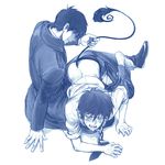  ao_no_exorcist bad_id bad_pixiv_id barefoot blush brothers glasses gloves holding_another's_tail incest male_focus monochrome multiple_boys okumura_rin okumura_yukio open_mouth pointy_ears sexually_suggestive siblings tail tail_grab teeth tkr_(lovedelic99) yaoi 