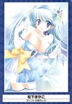  absurdres blue_dress blue_eyes blue_hair breasts cleavage copyright_request dress elbow_gloves flower gloves hair_flower hair_ornament highres large_breasts matsushita_makako ribbon solo spaghetti_strap thighhighs undressing white_gloves white_legwear 