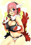  ahoge bad_id bad_pixiv_id blue_eyes breast_lift breasts cleavage cleavage_cutout crop_top glasses gloves headphones kyoutensei_hibiki large_breasts low_wings microphone midriff navel nishimuku_meri open_mouth pink_hair pinky_out red-framed_eyewear scarf shinrabanshou short_shorts shorts solo white_gloves wings 