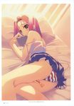  absurdres bed between_legs book copyright_request hair_intakes hair_ribbon highres legs looking_back lying murakami_suigun off_shoulder panties pink_eyes pink_hair red_panties ribbon skirt skirt_lift solo spaghetti_strap striped striped_panties underwear 