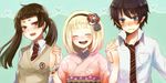  ao_no_exorcist blush closed_eyes eyebrows fang flower hair_flower hair_ornament headband holding_hands interlocked_fingers kamiki_izumo long_hair moriyama_shiemi multiple_girls okumura_rin open_mouth pointy_ears short_eyebrows short_hair smile warrose 