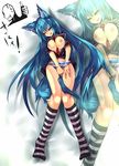  animal_ear_fluff animal_ears between_breasts between_legs between_thighs blue_eyes blue_hair blue_panties breasts breasts_outside hand_in_panties highres kneehighs large_breasts long_hair mamuru necktie nipples original panties solo striped striped_legwear striped_panties tail tail_between_legs thumbs_up underwear very_long_hair white_panties zoom_layer 