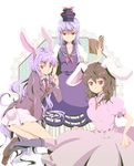  animal_ears bad_id bad_pixiv_id black_legwear blazer blue_hair book brown_hair bunny_ears bunny_tail carrot dress hat inaba_tewi jacket jewelry kamishirasawa_keine kneehighs lavender_hair long_hair miniskirt multiple_girls necktie o-naoko pendant red_eyes reisen_udongein_inaba skirt smile tail touhou very_long_hair 