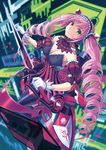  bare_shoulders breasts cleavage drill_hair flying gloves green_eyes hairband kichiroku large_breasts lolita_hairband looking_at_viewer original pink_hair solo sword thighhighs twin_drills twintails weapon 