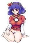  arm_support blue_hair blush_stickers bottomless breasts colored_pubic_hair curvy hair_ornament large_breasts pubic_hair purple_hair red_eyes seiza shirt short_hair sitting smile solo sotto taut_clothes taut_shirt thighs touhou yasaka_kanako 