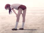  ass bakemonogatari bent_over buruma coffee-kizoku gym_uniform legs long_hair monogatari_(series) purple_hair senjougahara_hitagi shadow socks solo white_legwear 