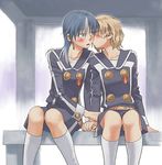  blush cheek_kiss closed_eyes earrings hayate_x_blade holding_hands jewelry kijimiya_otoha kiss mori_(unknown.) multiple_girls sagara_michi school_uniform sitting socks yuri 