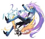  ahoge bird blue_eyes blue_footwear boots clenched_hand coat code_(twin_signal) copyright_name ebira full_body gloves happy knee_boots long_hair multicolored multicolored_eyes multiple_boys open_mouth pants purple_eyes purple_hair signal_(twin_signal) twin_signal very_long_hair yellow_eyes 