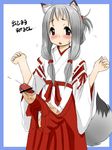  1girl animal_ears blush brown_eyes cum ejaculation flat_chest fox_ears fox_tail futanari gray_hair grey_hair handsfree_ejaculation japanese_clothes long_hair miko penis retsu_maru simple_background solo tail 