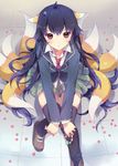  animal_ears black_hair black_legwear fox_ears kyuubi long_hair looking_up magatama multiple_tails original purple_eyes school_uniform sitting skirt solo tail thighhighs tiru 