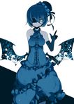  bare_shoulders blue_hair breasts dress elbow_gloves eyepatch female gloves hat highres lolita_fashion original rca short_hair smirk solo white_background wings yellow_eyes 