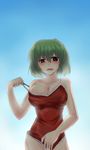  asaca-yamashimo bad_id bad_pixiv_id blush breasts green_hair groin highres kazami_yuuka large_breasts one-piece_swimsuit red_eyes short_hair solo strap_pull swimsuit touhou 