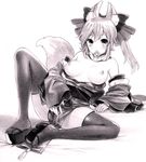  animal_ears bad_id bad_pixiv_id breasts condom condom_in_mouth detached_sleeves fate/extra fate_(series) graphite_(medium) izurabe japanese_clothes kimono kimono_pull medium_breasts monochrome mouth_hold off_shoulder open_clothes solo spread_legs tail tamamo_(fate)_(all) tamamo_no_mae_(fate) thighhighs traditional_media 