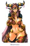  alexstrasza armor bikini_armor blush breasts brown_hair butcherboy cape cleavage curvy dragon gloves hips horns huge_breasts midriff no_pupils panties solo standing thong underwear warcraft world_of_warcraft 