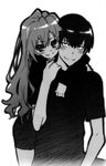  1girl aisaka_taiga couple greyscale hetero hug long_hair monochrome short_hair smile takasu_ryuuji tanaka_masayoshi toradora! 