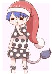  @_@ ankle_boots blue_bow blue_hair boots bow capelet covering_mouth doremy_sweet eyebrows_visible_through_hair full_body hand_over_own_mouth hat jitome pink_background poronegi red_hat santa_hat short_hair simple_background skirt smug solo standing tail tapir_tail touhou white_footwear 