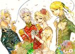  1girl 3boys blonde_hair blue_eyes brothers cain_highwind cecil_harvey earrings female final_fantasy final_fantasy_iv flower gloves golbeza green_eyes hair_ornament hand_holding happy holding_hands icespoon jewelry long_hair male military military_uniform multiple_boys open_mouth ponytail ribbon rosa_farrell siblings silver_hair tiara uniform white_gloves 