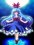  blue_hair breasts cleavage floating geo_(yukishitadou) hat kamishirasawa_keine long_hair medium_breasts moon outstretched_arms purple_eyes reflection solo spread_arms touhou 
