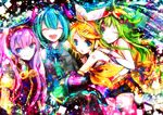  :d bad_id bad_pixiv_id belt closed_eyes detached_sleeves goggles goggles_on_head green_hair gumi hair_ornament hair_ribbon hairclip hatsune_miku headset highres kagamine_rin megurine_luka multiple_girls necktie one_eye_closed open_mouth ribbon sazanami_shione smile vocaloid 