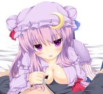  blush breast_press breasts cleavage crescent fujieda_uzuki hat jitome looking_at_viewer medium_breasts naughty_face open_clothes open_mouth patchouli_knowledge pov purple_eyes purple_hair smile solo_focus touhou unzipping 