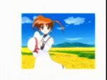  brown_hair hat long_sleeves lyrical_nanoha mahou_shoujo_lyrical_nanoha non-web_source school_uniform screencap seishou_elementary_school_uniform solo takamachi_nanoha triangle_heart triangle_heart_3 triangle_heart_3_lyrical_toy_box twintails uniform 