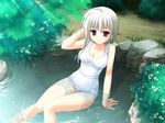  half_submerged heterochromia looking_at_viewer natsu_yume_nagisa onsen pool rocks rougi_maki swim_suit 