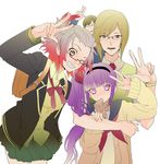  2girls backpack bag blonde_hair brown_eyes brown_hair glasses grin long_hair malik_caesars mooche multicolored_hair multiple_boys multiple_girls one_eye_closed pascal purple_eyes purple_hair richard_(tales) school_uniform smile sophie_(tales) tales_of_(series) tales_of_graces v 