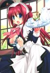  absurdres blue_eyes breasts cleavage copyright_request cup d: highres large_breasts miyasu_risa open_mouth red_hair solo teacup teapot tray waitress 