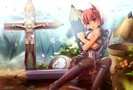  absurdres animal_ears bad_id bad_pixiv_id blonde_hair brown_hair closed_eyes crossed_arms crucifixion fs-project highres multiple_girls open_mouth original short_hair sitting thighhighs 